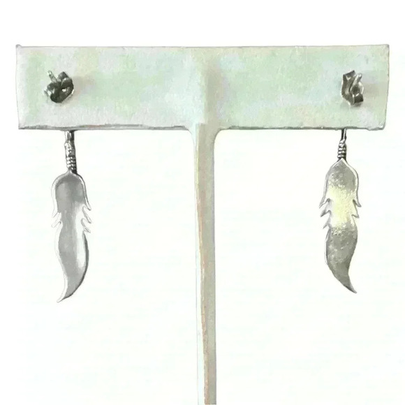 Sterling silver & turquoise feather Native American Southwestern stud dangles - Picture 2 of 3